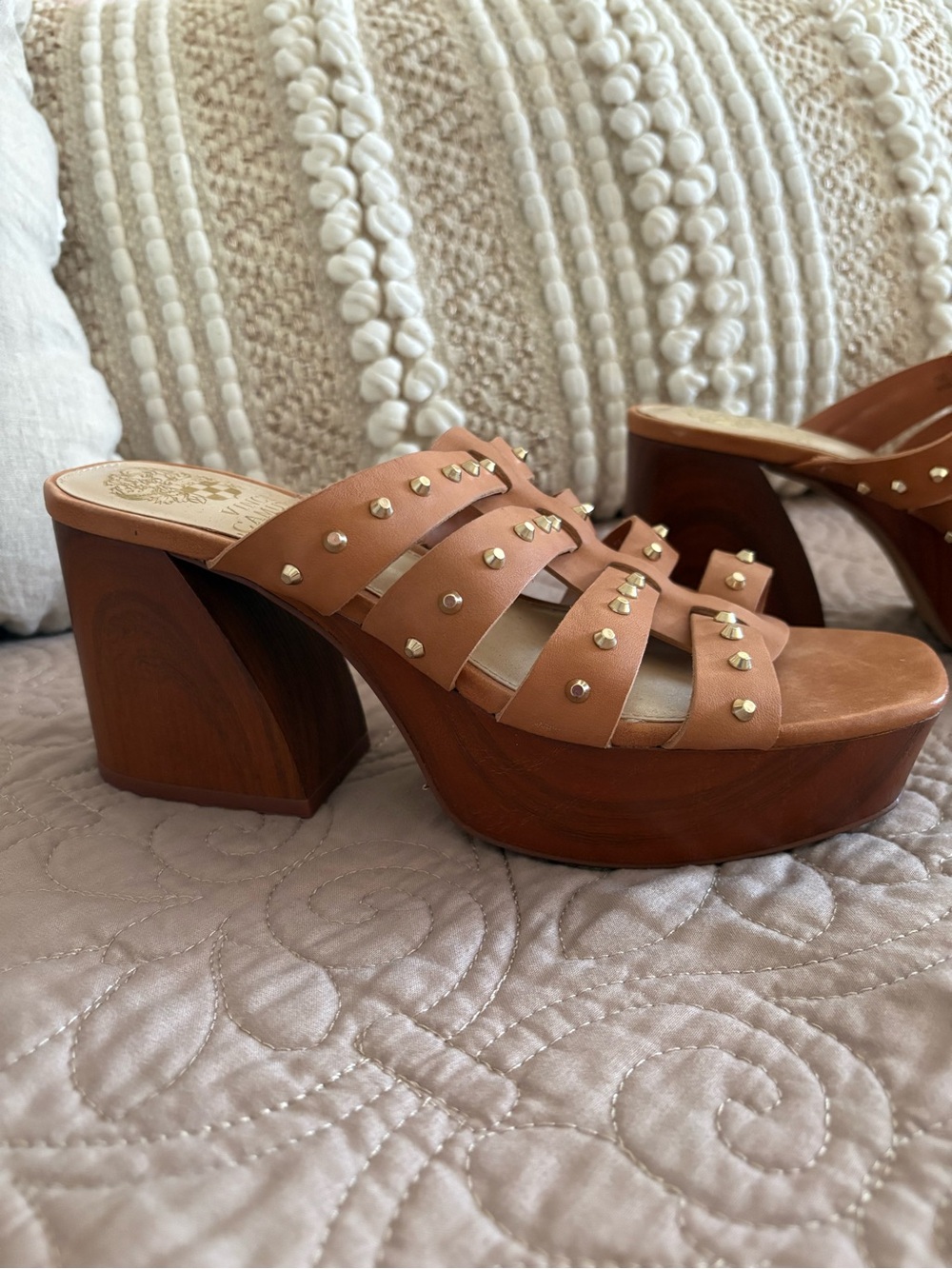 Vince Camuto Tan Studded Platform Wedge Sandals Heels